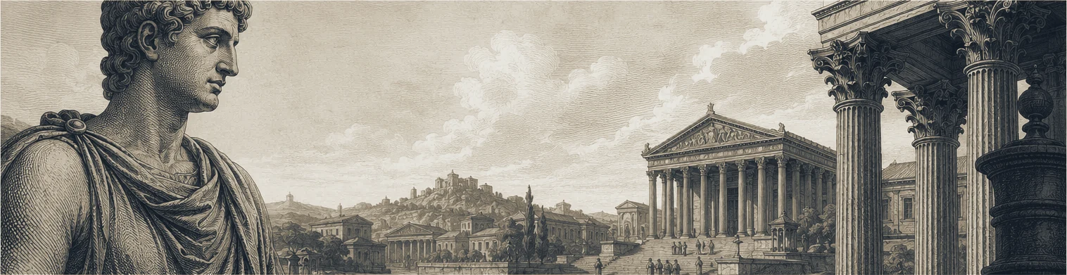 Gravure classique : un buste antique veille sur le forum, ses écoles et son temple
